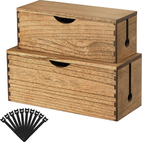 Boîte à câbles en Bois Massif, Lot de 2 Grande boîte à câbles pour Prises, chargeurs et Rangement de câbles, Router-Organiz Jaune-Brun (1/5)