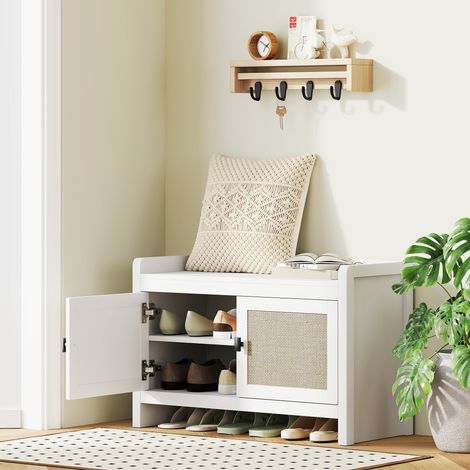 Banquette à chaussures 80x35x52 cm Blanc beige avec portes d’entrée en rotin Étagère amovible pour l’entrée ou la chambre et
