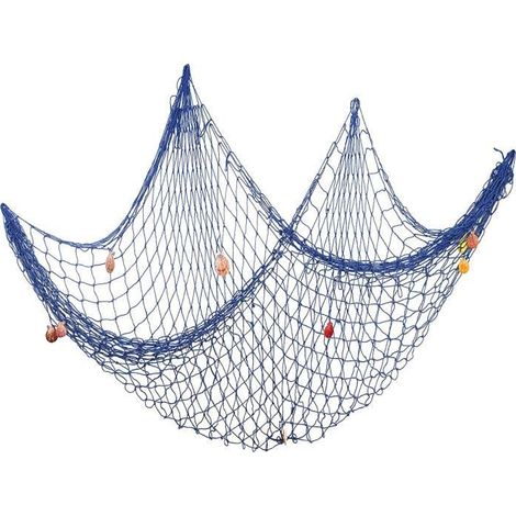 Dekoratives Fischernetz - 2x1,5 m - Blau - Muscheln - Hochwertige Baumwolle