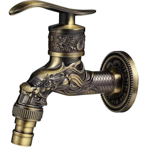 Grifo vintage, grifo antiguo, grifo de pared, grifo de jardín, 10,5  10,8  7,3 cm, aleación de zinc, bronce, grifo con dragón tallado, exterior (1/5)