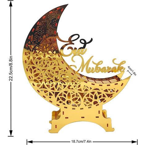 Décoration De Table En Acrylique - Ornements De Bureau Pour Le Ramadan - Forme De Lune Et D'étoile Avec Éclairage Led - 22,5 X 18,7 X 4 Cm - Or - 1 Pièce (1/5)