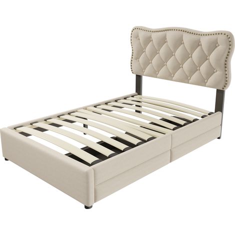 Letto imbottito 90 x 200 cm con 2 cassetti, tessuto effetto lino e MDF, beige chiaro, MODENUIT (1/5)