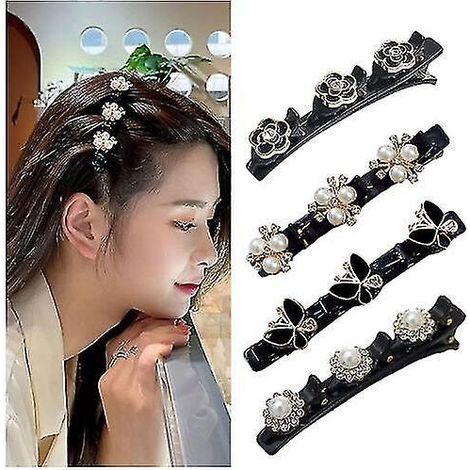 Set aus 4 geflochtenen Haarspangen, verziert mit funkelnden Kristallsteinen, dreiblättrige seitliche Haarspange, Spangen zum Abteilen von Haarsträhnen, für Mädchen und Frauen. (1/5)