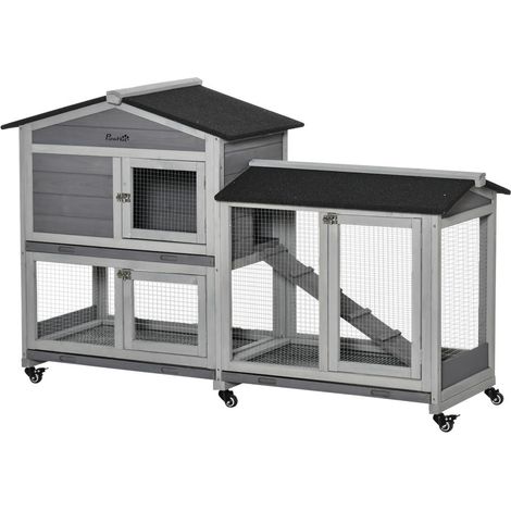 Clapier pour lapins en bois cage 2 étages avec enclos villa mobile sur roulettes cochon d'Inde gris extérieur (1/5)