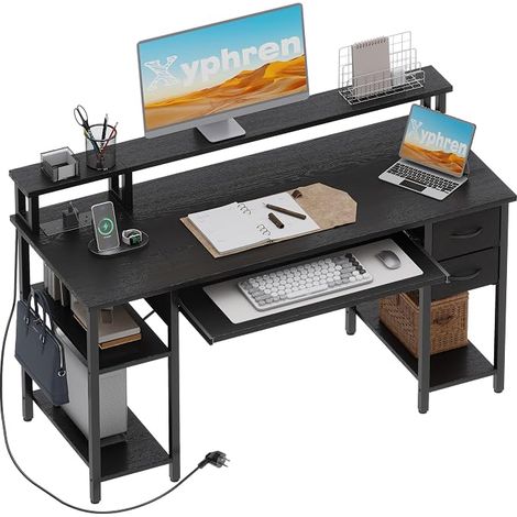 Desk with 2 Drawers, Gaming Computer Table with Keyboard Tray, Height Adjustable Side Shelf, Monitor Stand and Socket for Home Office and Living Room, 120 x 50 cm (1/5)