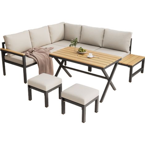 Salon de Jardin Table et Chaises 4 Pièces Canapé d Angle 2 Tabourets Table à Manger Plastique Bois Acier Galvanisé Rangement Extérieur Terrasse Gris Beige (1/5)