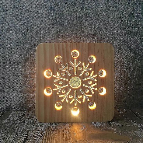 Veilleuse LED en forme de flocon de neige, en bois massif, économe en énergie, interrupteur à bouton-poussoir, lumière douce et chaude, cadeau original pour les amis, décoration de chambre. (1/4)