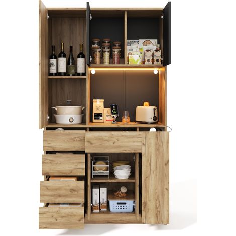 Armoire de cuisine haute avec étagère à épices extractible 4 niveaux, prises intégrées et LED, 185x105x40 cm, Noir et Naturel (1/5)