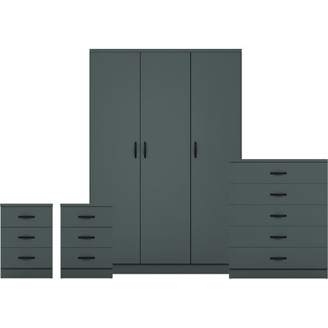 Riano 4 Piece Bedroom Set (3 Drawer Bedside Chest, 5 Drawer Chest, 3 Door Wardrobe), Green (1/3)