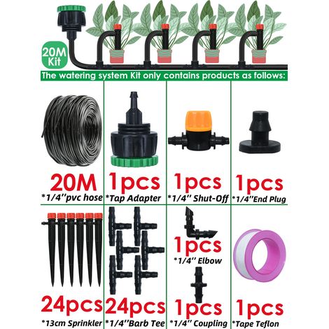 Kit d'arrosage automatique (20 m) pour tuyau d'arrosage, système d'irrigation goutte à goutte avec arroseur réglable et micro-goutteur à monter soi-même. (1/4)
