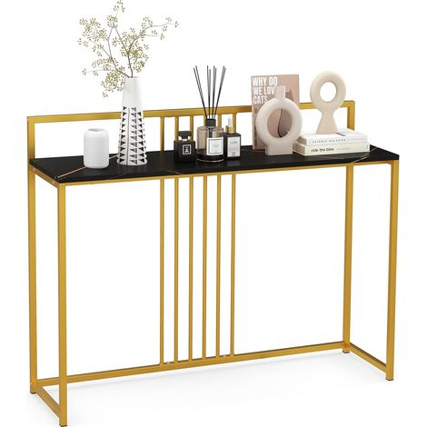 COSTWAY Tavolo Consolle 120 cm, Tavolo d’Ingresso con Piano Effetto Marmorino e Sponda, Consolle con Struttura in Metallo Dorato per Salotto, Corridoio e Ingresso (Nero) (1/5)