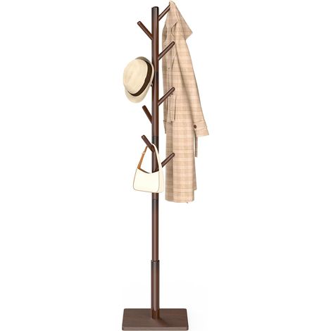 Portemanteau, Meuble Entree Porte Manteau, Portant a Vetement Bois, avec 8 Crochets, 3 Hauteurs Réglables, Assemblage Facile, pour Salon, Entrée, Chambre, Brun, 30x30x180cm (1/5)
