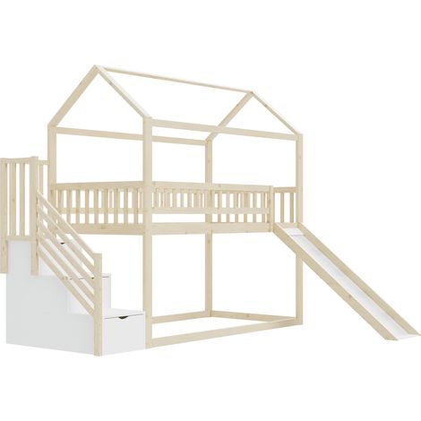 Cama alta infantil 90 x 200 cm con tobogán y escalera con almacenaje, madera natural (1/5)