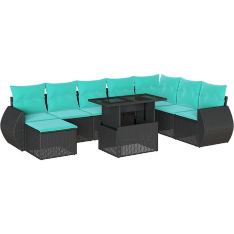9-teiliges Gartensofa-Set mit Kissen, schwarzes Polyrattan vidaXL (1/5)