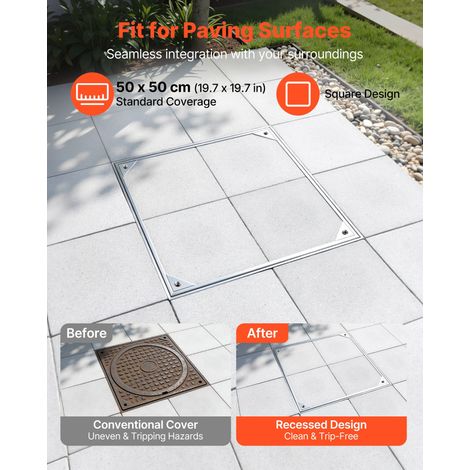 Plaque d'Égout avec Cadre 50x50 cm, Couvercle de Regard Encastré Invisible, pour Inspection de Drainage Bouche d'Égout Trottoir Jardin, Couvercle de Fosse Septique Carré, en Alliage d'Aluminium (1/5)