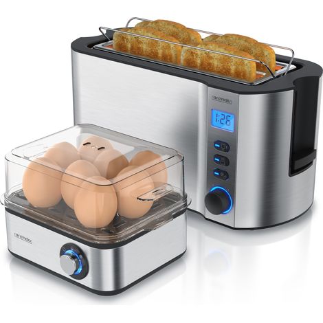 Arendo Frühstücksset 2-teilig, 4-Scheiben Langschlitztoaster, 8er Eierkocher, Silber (1/5)