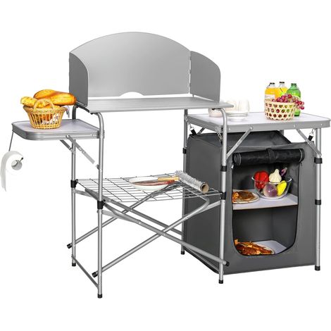GOPLUS Cuisine Camping Exterieur,Table Placard Pliable de Camping avec Sac de Transport, Pliante avec Étagère de Rangement, Pare-Vent, Station de Cuisson Portable pour Barbecue (1/5)