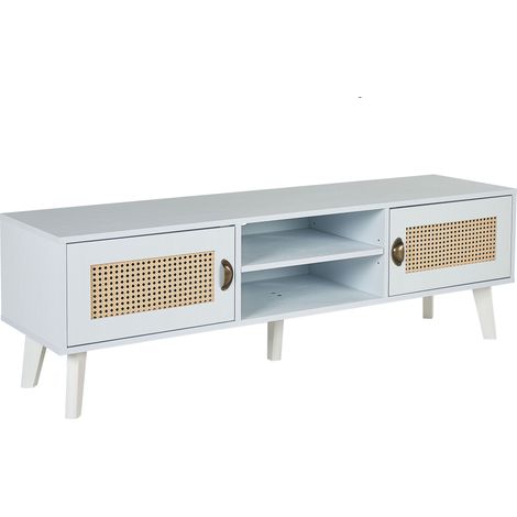 Mueble TV blanco crema beige 140 x 39 cm MDF 2 estantes frentes de ratán Parton (1/5)