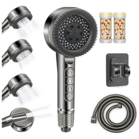BUNTHAUS Pommeau de Duche avec Tuyau 1.5M, Pommeau Douche Anti Calcaire, Douchette Douche Salle de Bain avec Filtre, Pommeau de Douche Haute Pression avec 3 Modes de Jet (gris) (1/5)