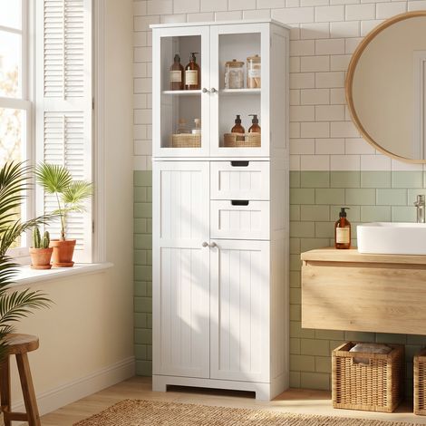 Meuble Salle de Bain Haut 4 Portes, 2 Tiroirs, Rangement, 60x30x170 cm, Blanc (1/5)