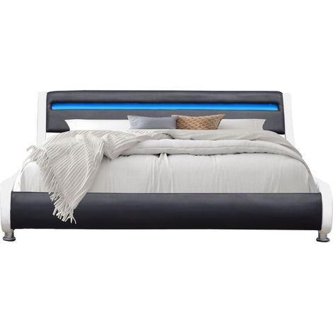Cama 90x190 - Somier + Cabecera con Iluminación LED - Color Blanco y Negro - Patas de 5 cm - 13 Listones - Tapizado en PVC Simil Cuero de Fácil Mantenimiento - Montaje Rápido - Confort Óptimo - Uso Di