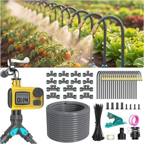 Automatische Tropfbewässerungs-Kit – 30 m Schlauch mit 20 Düsen und Timer, 360° verstellbare Tropfer für Terrasse, Garten, Rasen, Gewächshaus und Topfpflanzen (1/5)