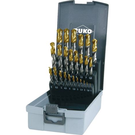 RUKO Jeu de forets hélicoïdaux DIN 338 Type N, HSS-G avec revêtement de pointe TiN en cassette plastique - 25 pcs. - 2501215TRO (1/3)