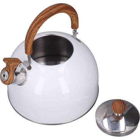 Bouilloire sifflante 2,5 L, blanche, en acier inoxydable 304, chauffe rapide, poignée ergonomique.