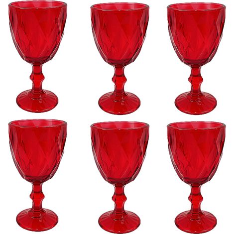 Set 6 Bicchieri Rossi a Calice da Acqua 340 ml  Eleganti per la Tavola Natalizia Calici con Piede Effetto Diamante Eleganti per le Feste di natale e Occasioni Speciali