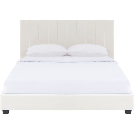Lit adulte 140x190 cm avec tête de lit capitonnée en velours beige - William (1/5)