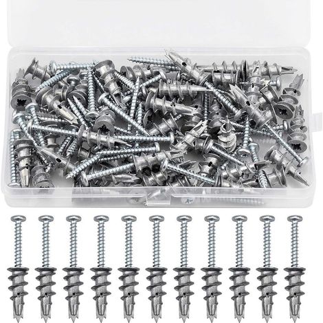 Juego de 100 tornillos de expansión de aleación de zinc. Paquete de 50 tornillos y 50 tacos de pared - Autoperforantes de metal - Para placas de yeso y pladur. (1/5)