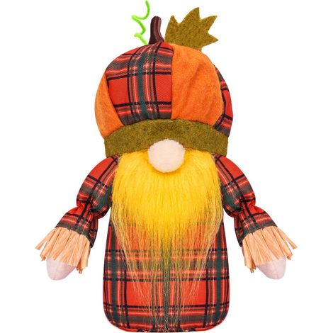 Gnome - Peluche Automne - Chapeau Citrouille - Tenue Tartan - Décoration Table - 28 cm - 1 Pièce (1/4)