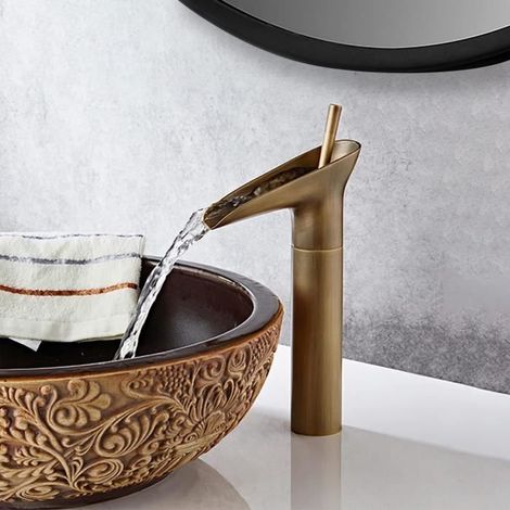 Robinet de lavabo en laiton antique - Mélangeur d\'évier haut 310mm - Buse de type verre à vin (1/4)