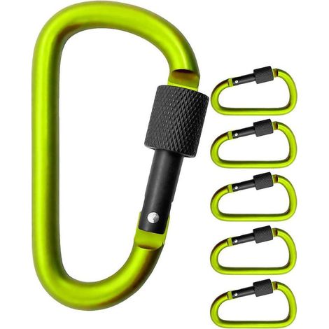 Packung mit 5 großen Schraubkarabinern zur Befestigung von Ausrüstung, Aluminium, 8 cm, hellgrün, schwarz, 5er-Pack. (1/3)