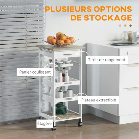 HOMCOM Chariot service cuisine panier 2 plateaux amovibles tiroir étagère MDF chêne pin blanc
