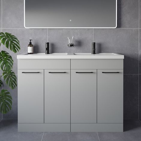 Napoli 390 Gloss Grey Pearl 1200mm 4 Door Vanity Unit with Double Lucia Basins - 1200mm - Matt Black 160mm Handle
