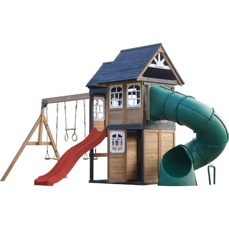 Axi Noud Aire De Jeux En Bois, 2 Balançoires, Toboggan Tubulaire Et Toboggan Rouge   Maisonnette Xxl Pour Enfants Avec Structure D'Escalade Et Trapèze  Pour Le Jardin