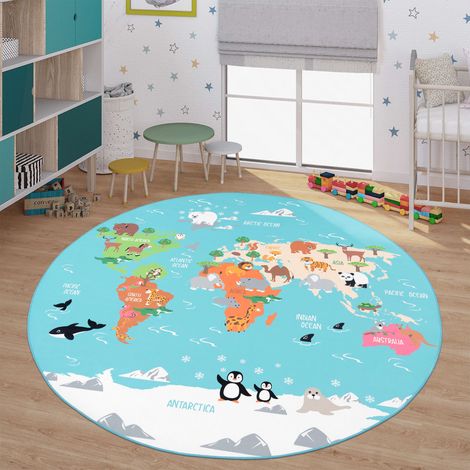 Kinderzimmerteppich Teppich Junge Mädchen Kinderteppich Baby Rutschfest Straße 200 cm x 200 cm Türkis Rund (1/5)
