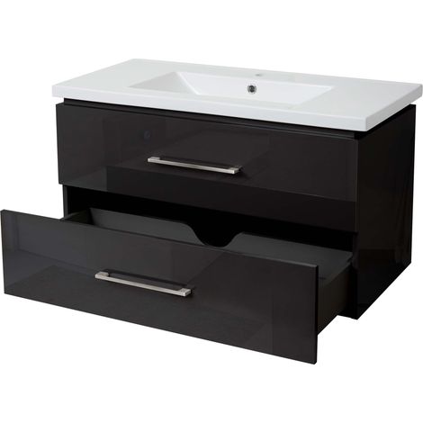 [NUNCA USADO] Premium lavabo + mueble bajo lavabo HHG-244, lavabo Lavabo, alto brillo 90cm, negro