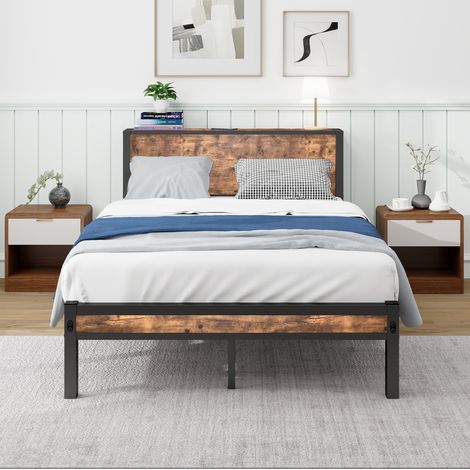 Bett 120x200 cm aus MDF und Metall, Antikbraun, mit Kopfteil und großem Stauraum