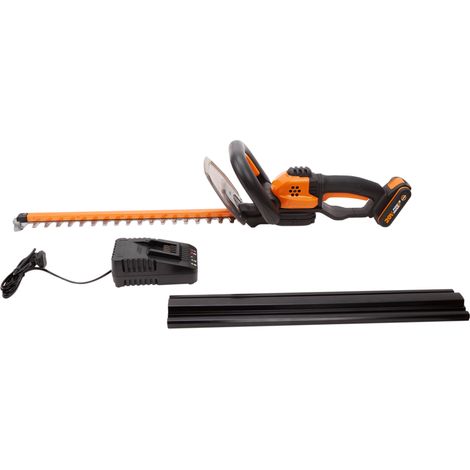 WORX 20V Akku-Heckenscheren WG261E, PowerShare, 2,0 Ah, lasergeschnitte Dual Schnittklingen 44cm für gleichmäßige Schnitte, reduzierte Vibrationen, Schutzköcher, 1Std. Schnellladegerät, 18V (1/3)