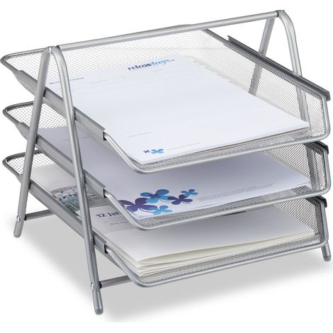Relaxdays Metal Document Holder, 3-Tier Letter Rack, A4 Paper Tray, Desk Organiser, Silver