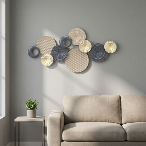 Décoration murale en métal, sculpture murale en métal, design unique à plusieurs disques, 100 x 50 cm, kaki et noir