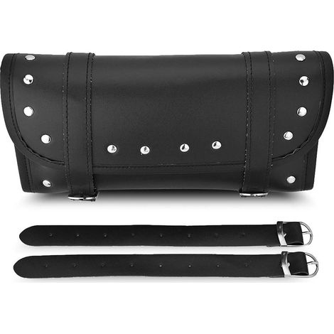 Sacoche guidon moto – cuir PU noir – fourche avant / arrière – rangement outils – bagages – selle (1/5)