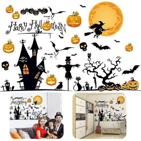 Halloween-Wandaufkleber, Fensteraufkleber, selbstklebende, abnehmbare Wandaufkleber, Fledermäuse, Totenkopf, Kürbis-Aufkleber für Halloween-Party-Wand- und Fensterdekorationen (1/5)
