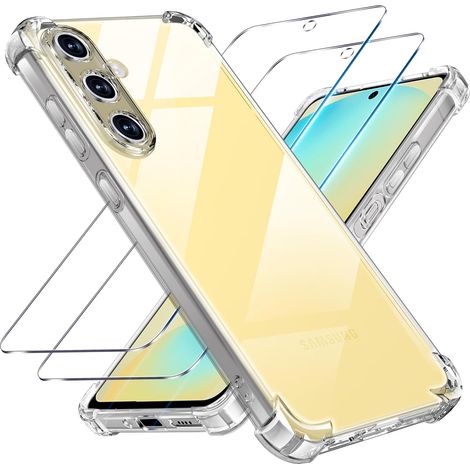 3 en 1 Verre Trempé et Coque pour Samsung Galaxy S24 FE,[Coussin d'air Intégré] Anti-Jaunissement Souple TPU Bumper Coque Protection pour s24fe Samsung 5g, Transparente (1/5)