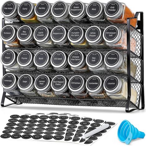 Sinbinta – Étagère à épices 4 niveaux – 28 pots en verre avec couvercles hermétiques – Étiquettes et entonnoir inclus – Dimensions 34,5x23,5x8cm (1/5)