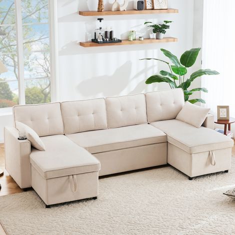 Divano letto a U 270x130x86 cm, convertibile, con contenitore, portabicchieri, tessuto effetto lino beige (1/5)