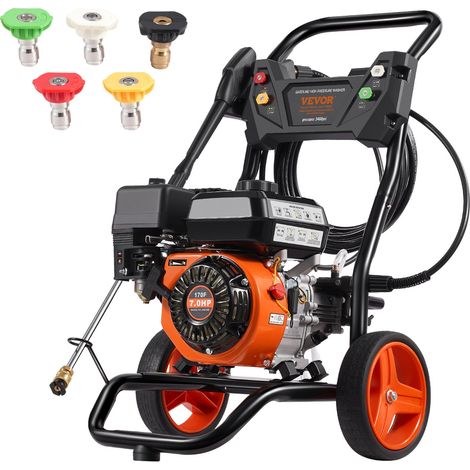 Nettoyeur haute pression à essence, 3400 PSI, laveuse haute pression à gaz, 10 L/min, avec pompe en aluminium, pistolet pulvérisateur, rallonge et 5 buses pour voiture, maison, allée, vertical