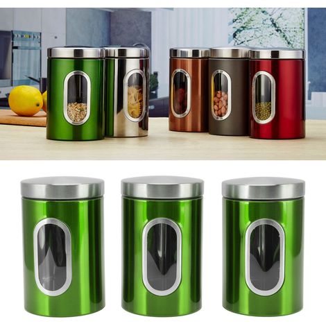 Boîte de rangement de cuisine en acier inoxydable de style nordique pour les céréales, les aliments, le thé, le café et autres articles ménagers - ensemble de trois pièces vert (1/5)